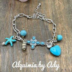 Turquoise dainty beaded rustic silver statement adjustable bracelet
